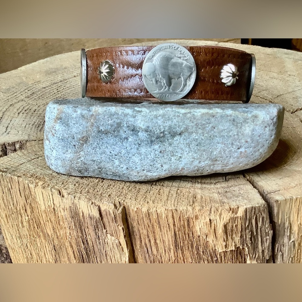 Leather bracelet, Buffalo nickel, up to 7 1/2” wrist